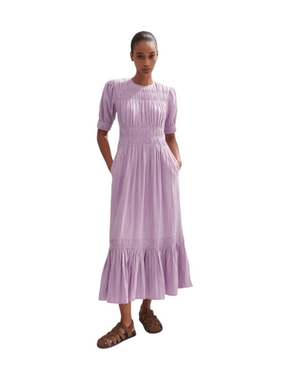 ME+EM Cheesecloth Gather Detail Maxi Dress in Lilac Purple 10 Short Puff Sleeve